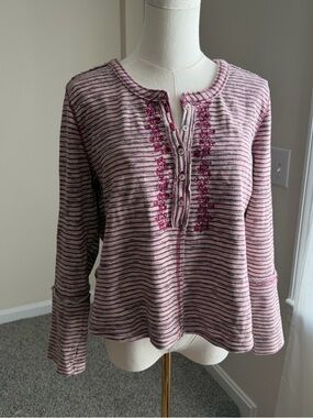 Sundance Thermal Henley Long Sleeve Striped Pink & White Embroidered Shirt LP